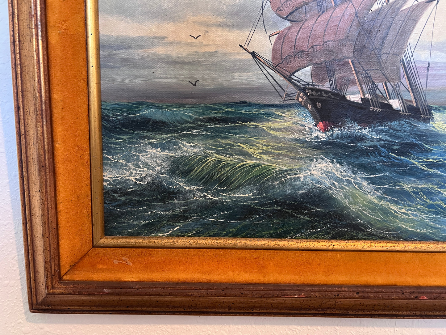 Vintage Marine Oil Painting Ship at Sea Signed H. Peters, Framed Nautical Art