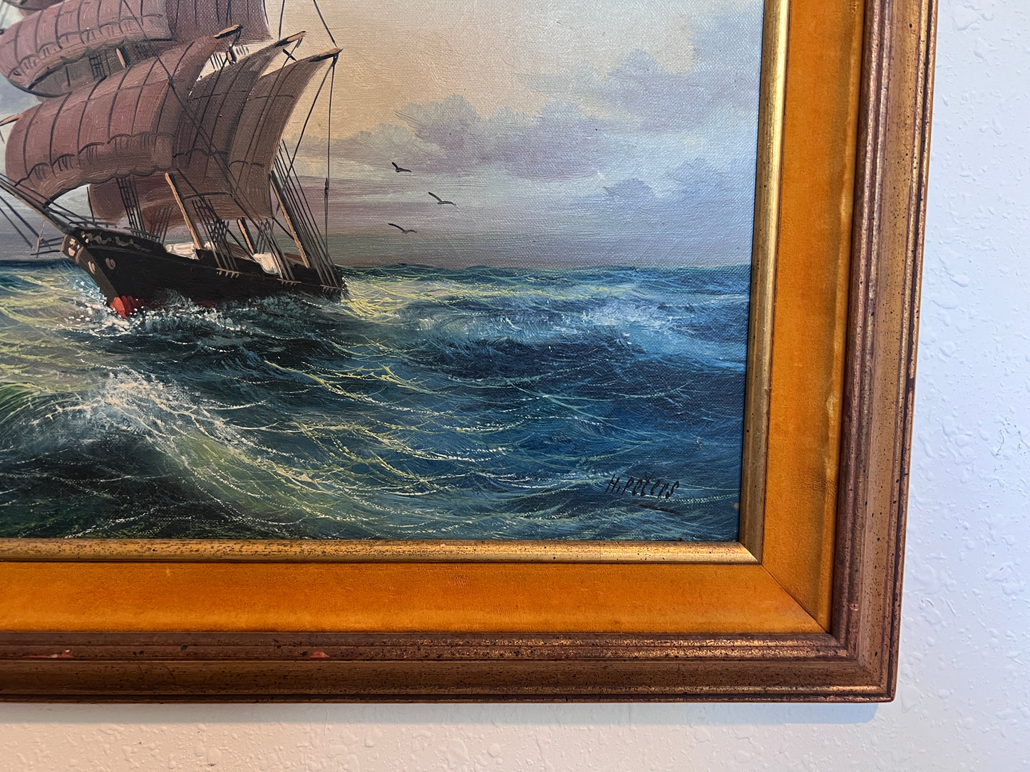 Vintage Marine Oil Painting Ship at Sea Signed H. Peters, Framed Nautical Art