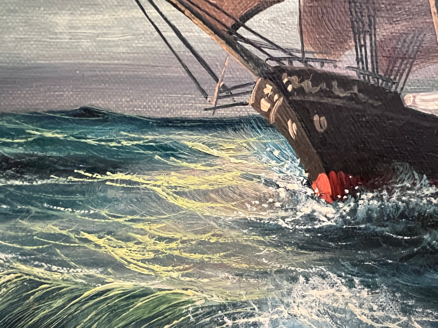 Vintage Marine Oil Painting Ship at Sea Signed H. Peters, Framed Nautical Art