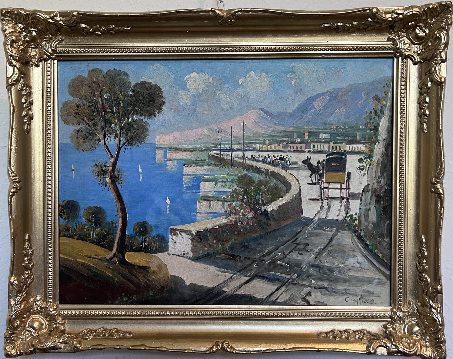 Original Vintage Mediterranean coastal oil painting on canvas, signed, Framed