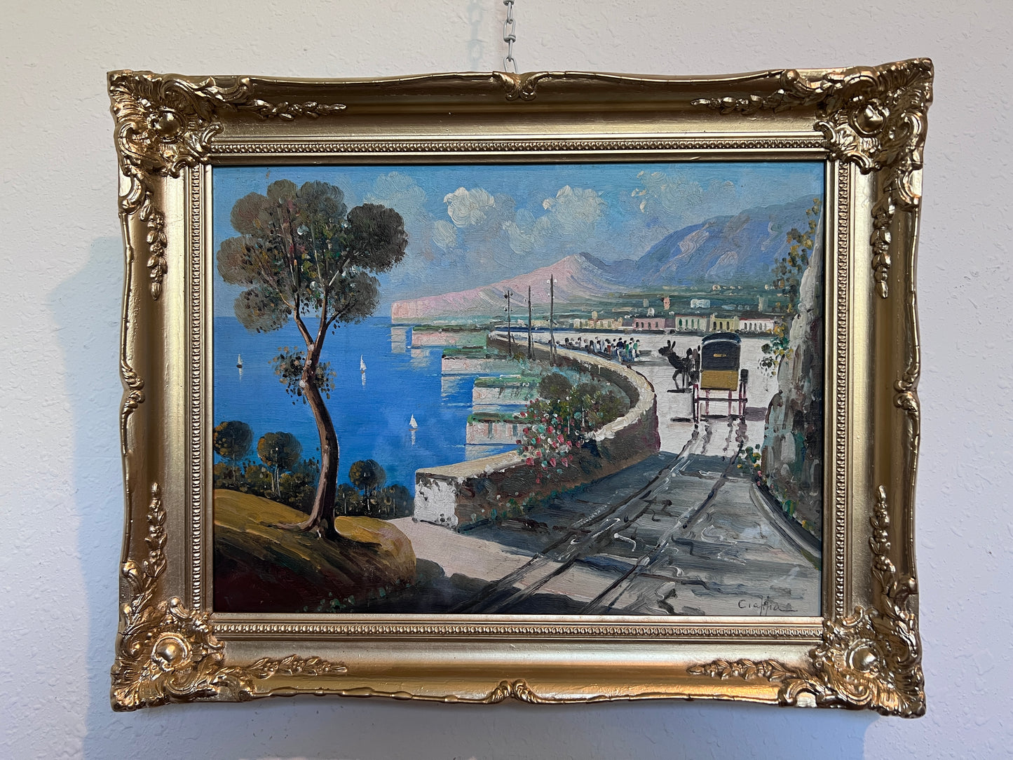 Original Vintage Mediterranean coastal oil painting on canvas, signed, Framed