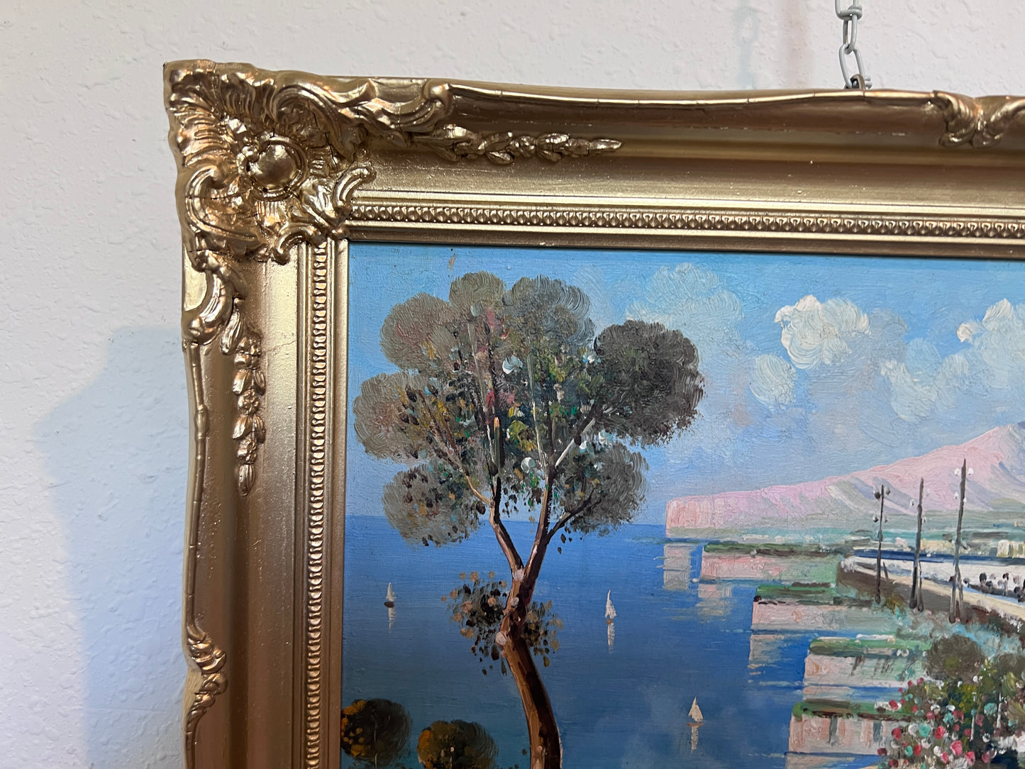 Original Vintage Mediterranean coastal oil painting on canvas, signed, Framed