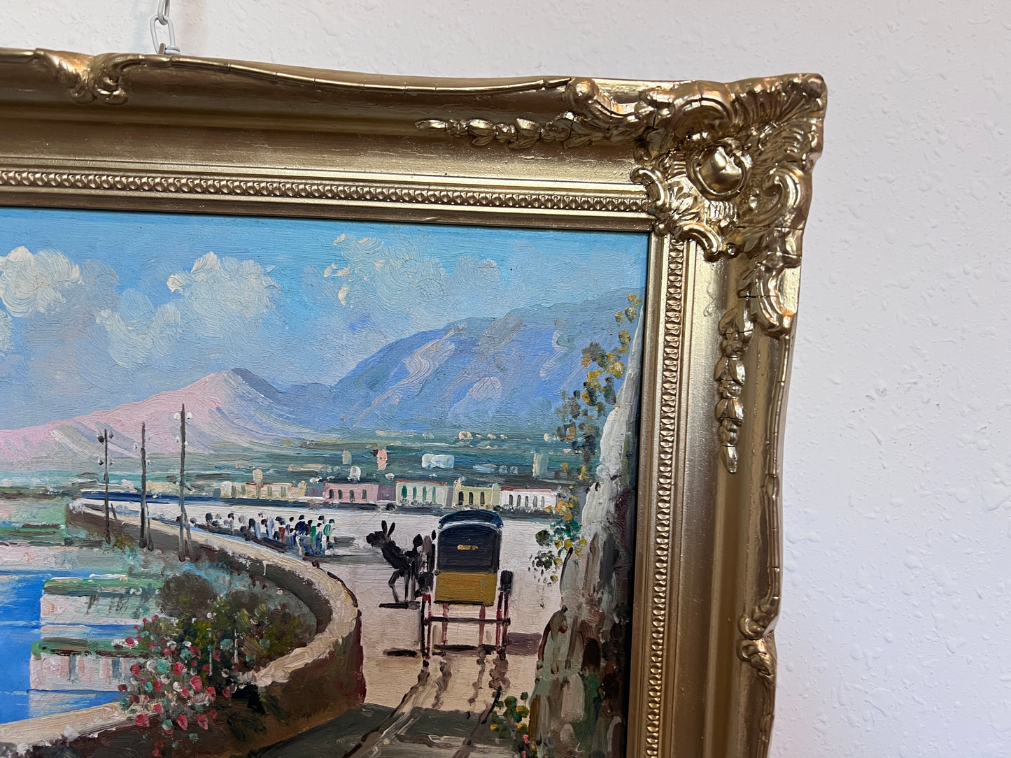 Original Vintage Mediterranean coastal oil painting on canvas, signed, Framed