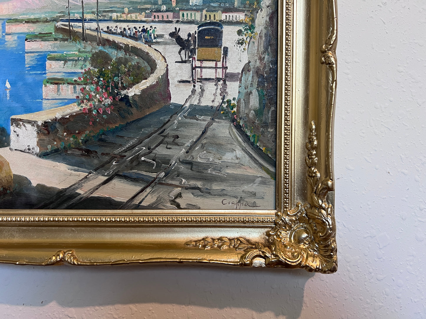 Original Vintage Mediterranean coastal oil painting on canvas, signed, Framed