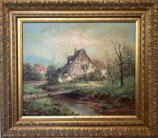 F. Berthy Vintage Landscape Oil Painting Spring Cottage Scene Framed Art