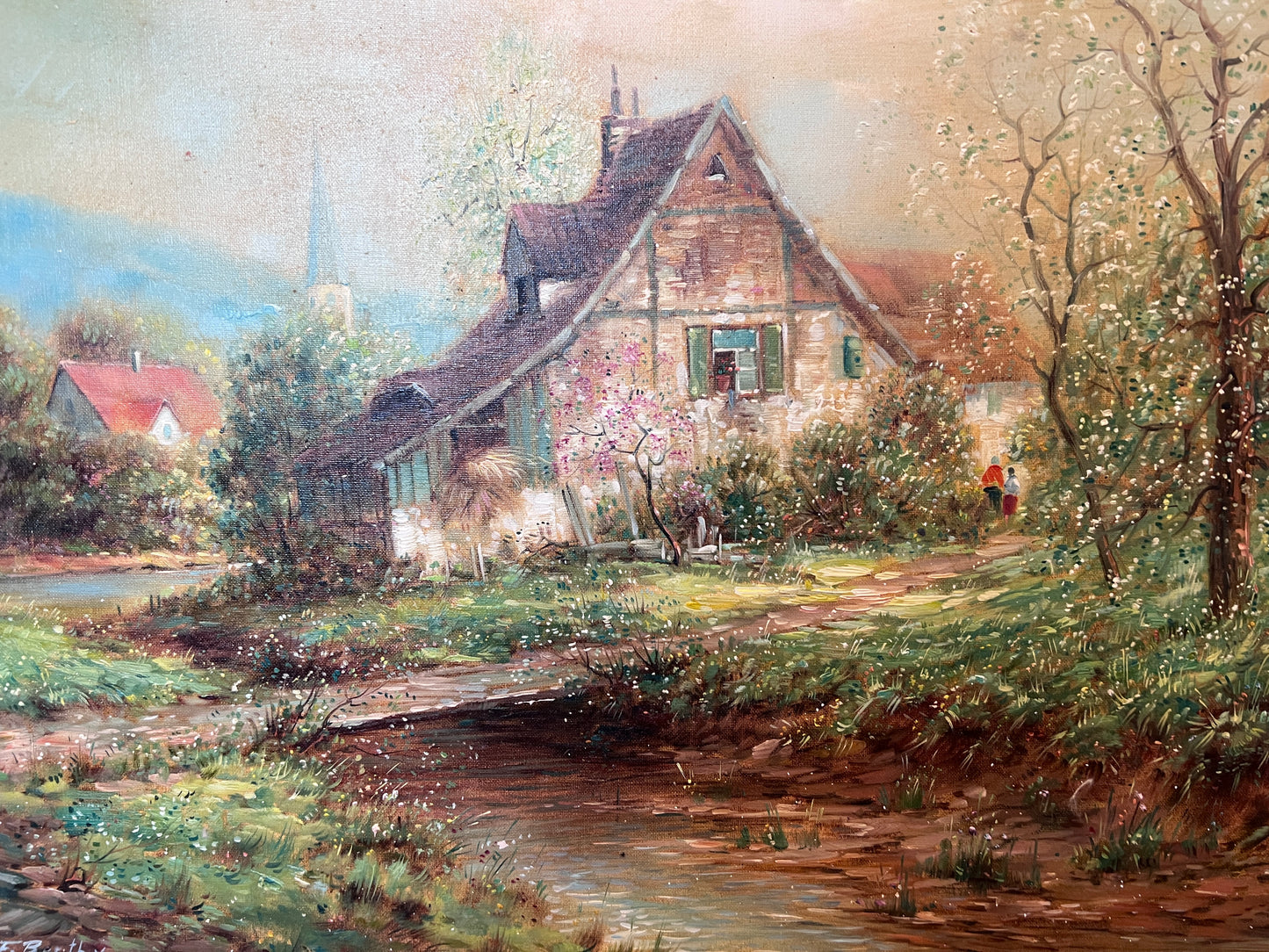 F. Berthy Vintage Landscape Oil Painting Spring Cottage Scene Framed Art
