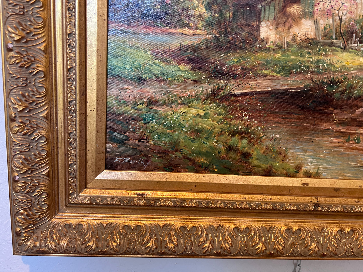F. Berthy Vintage Landscape Oil Painting Spring Cottage Scene Framed Art