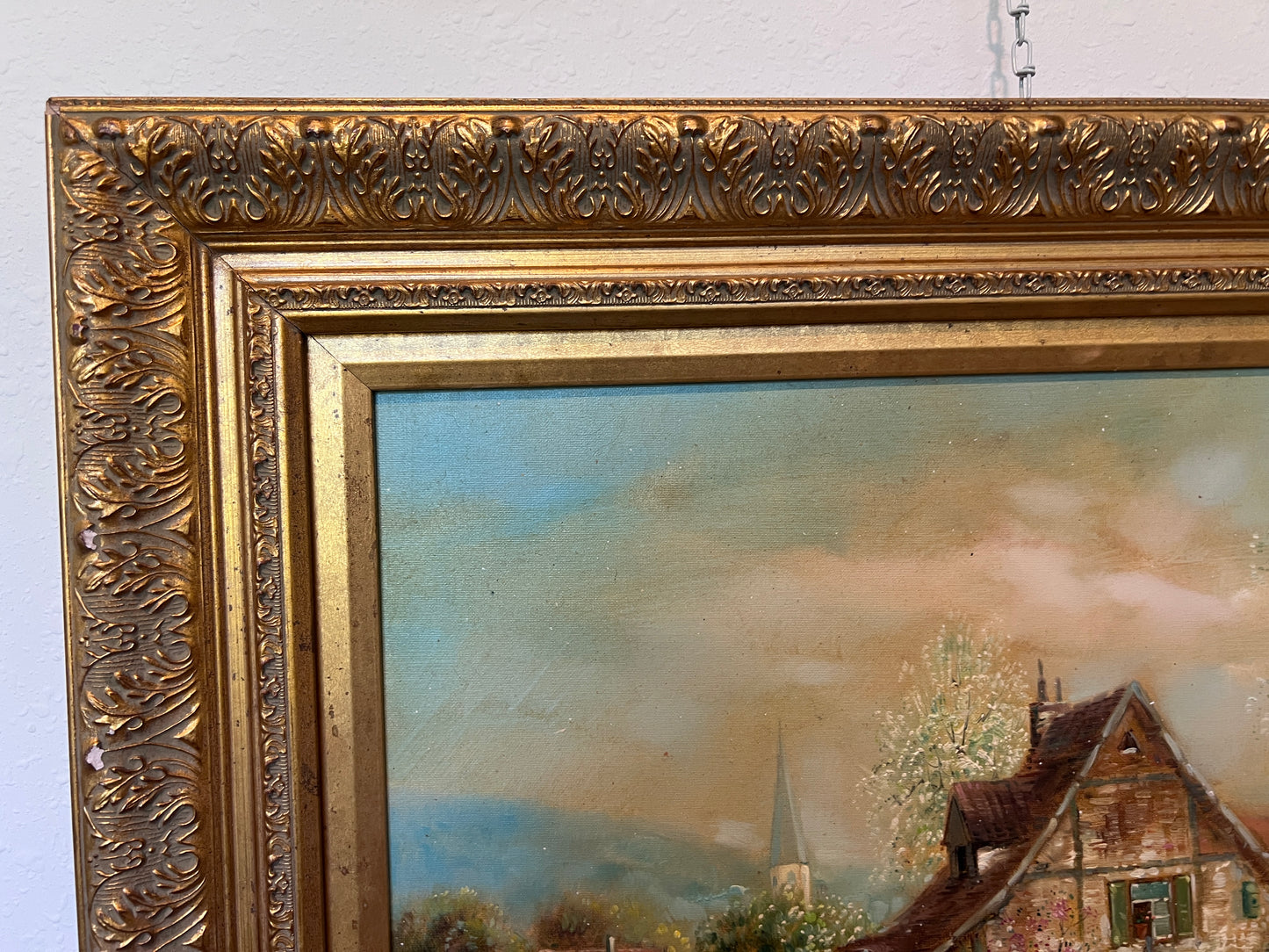 F. Berthy Vintage Landscape Oil Painting Spring Cottage Scene Framed Art