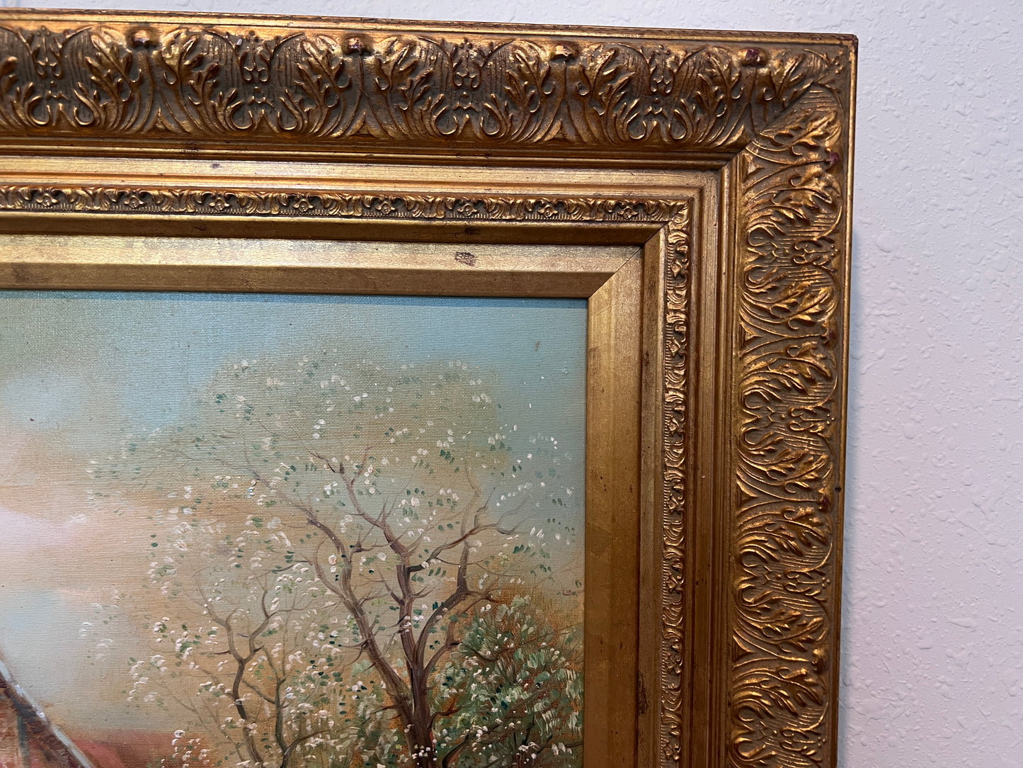 F. Berthy Vintage Landscape Oil Painting Spring Cottage Scene Framed Art