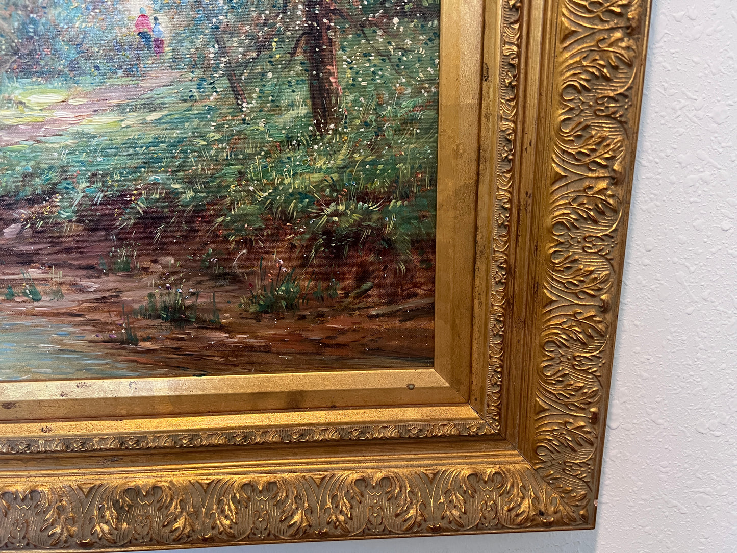 F. Berthy Vintage Landscape Oil Painting Spring Cottage Scene Framed Art