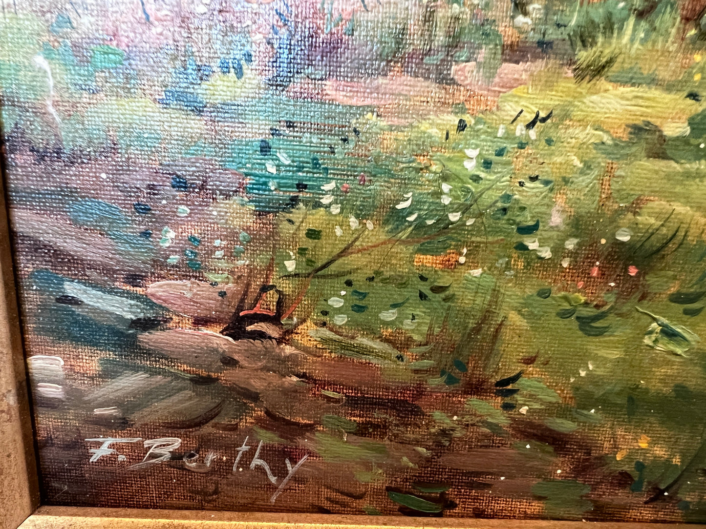 F. Berthy Vintage Landscape Oil Painting Spring Cottage Scene Framed Art