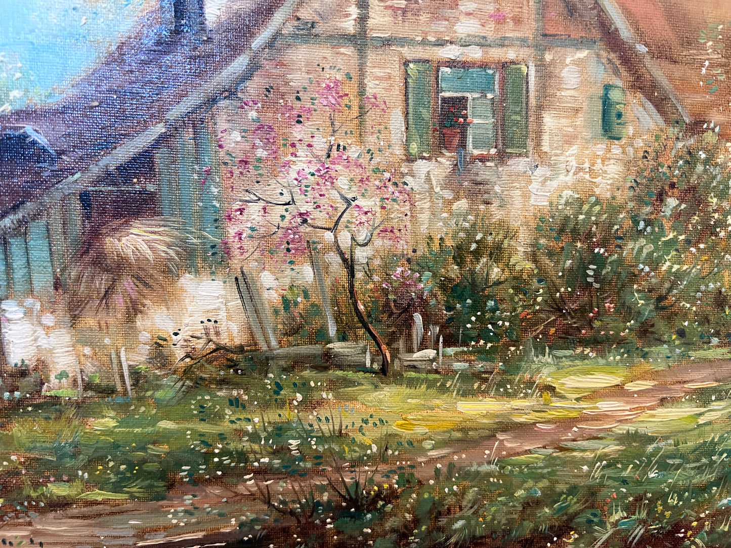 F. Berthy Vintage Landscape Oil Painting Spring Cottage Scene Framed Art