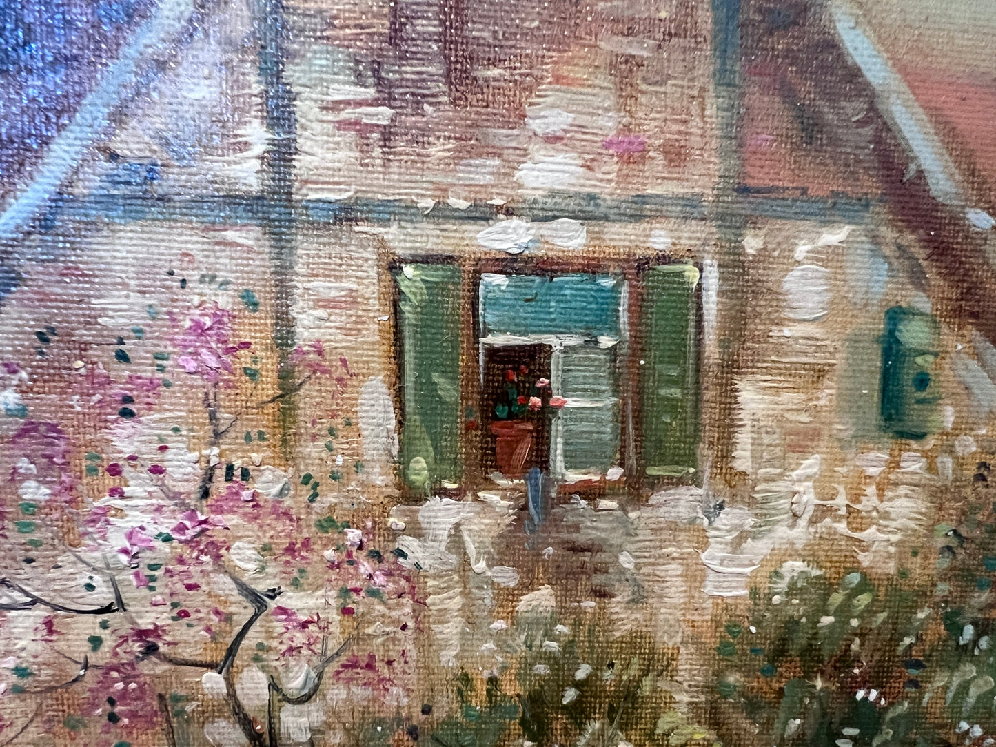 F. Berthy Vintage Landscape Oil Painting Spring Cottage Scene Framed Art