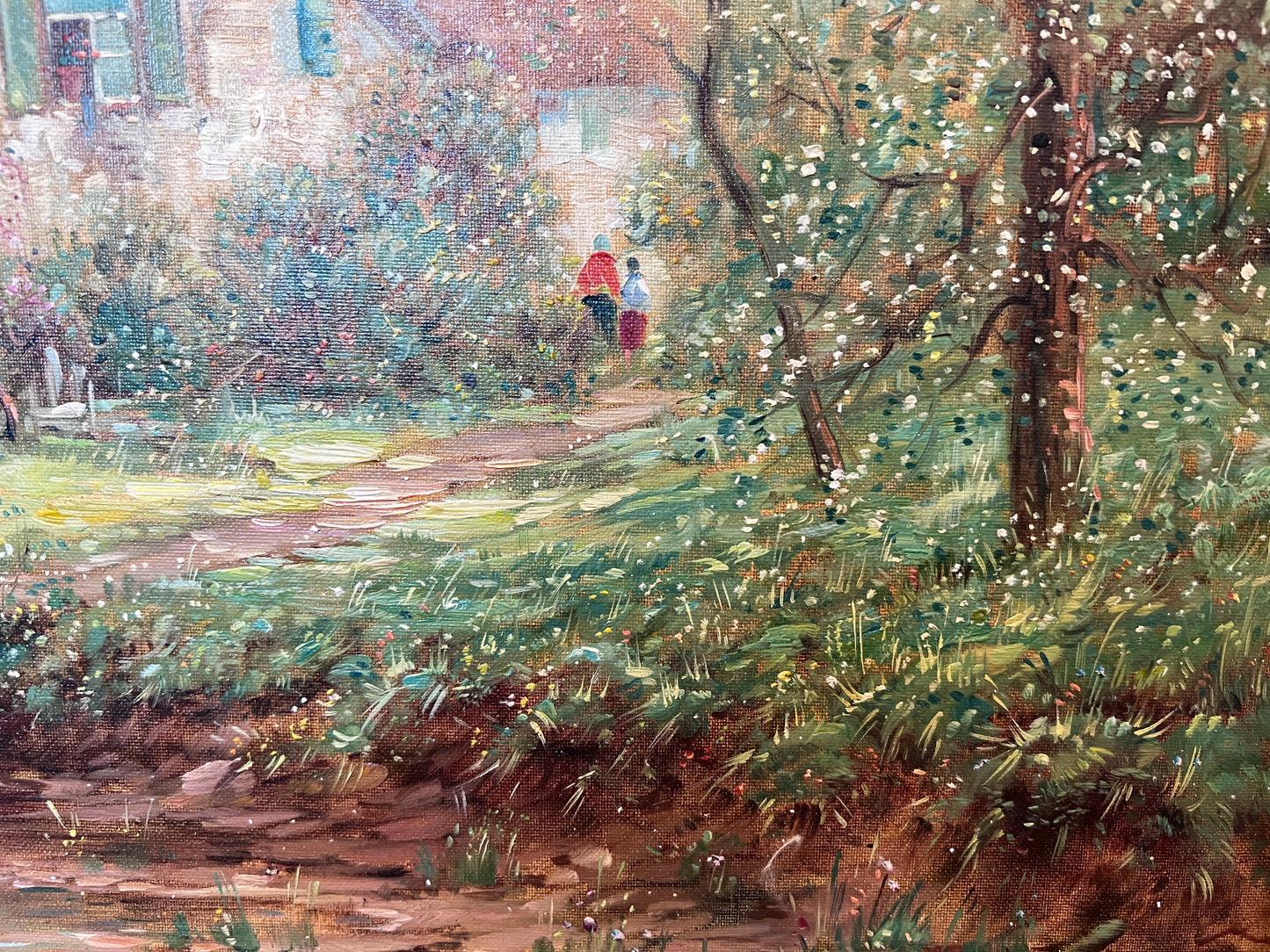 F. Berthy Vintage Landscape Oil Painting Spring Cottage Scene Framed Art