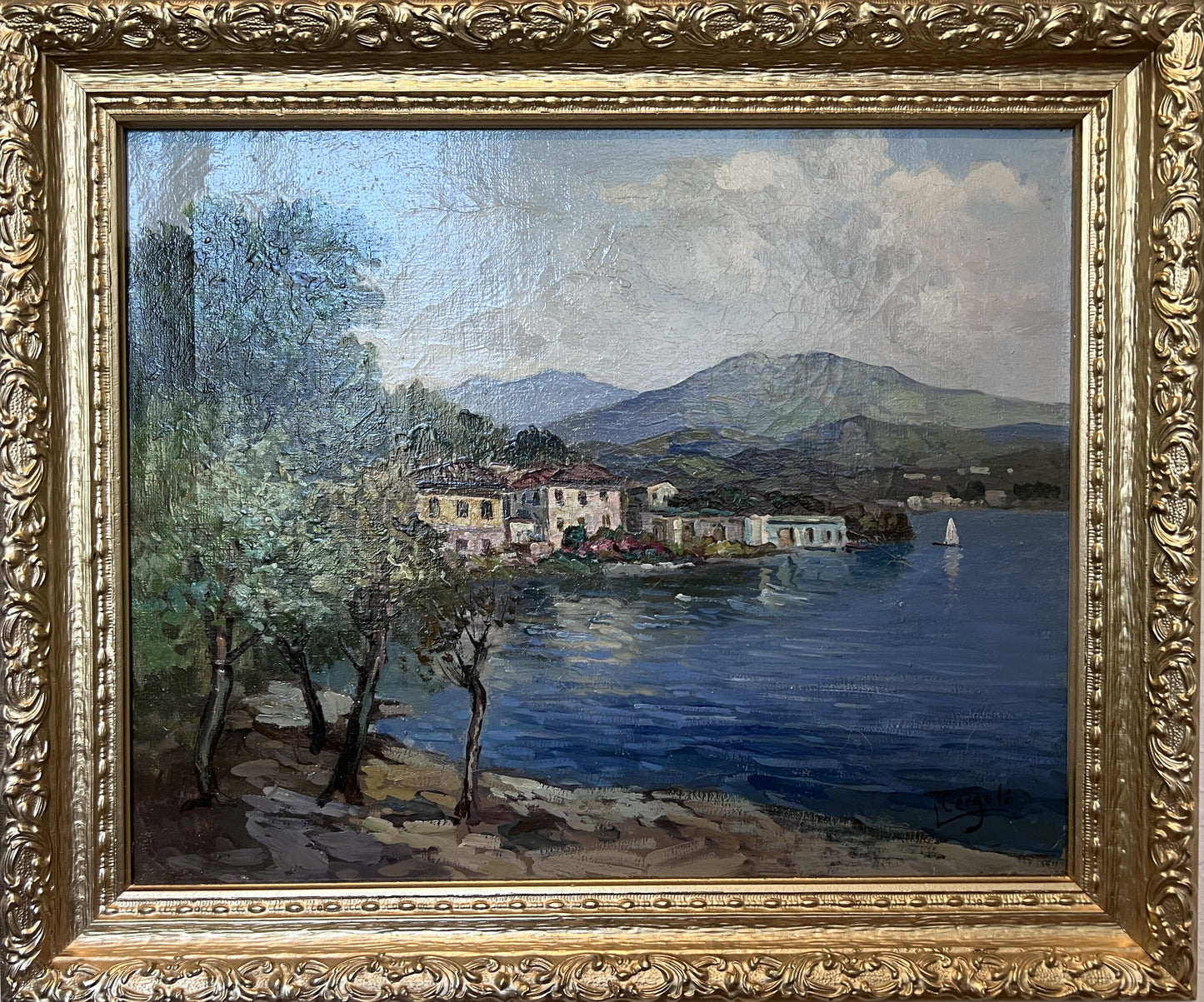 Luigi Cergoli Italian (20 с.) Lakeside Oil Painting Vintage Mediterranean Art