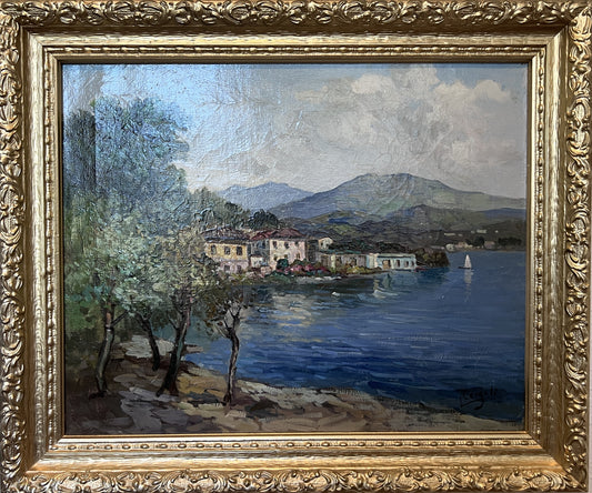 Luigi Cergoli Italian (20 с.) Lakeside Oil Painting Vintage Mediterranean Art