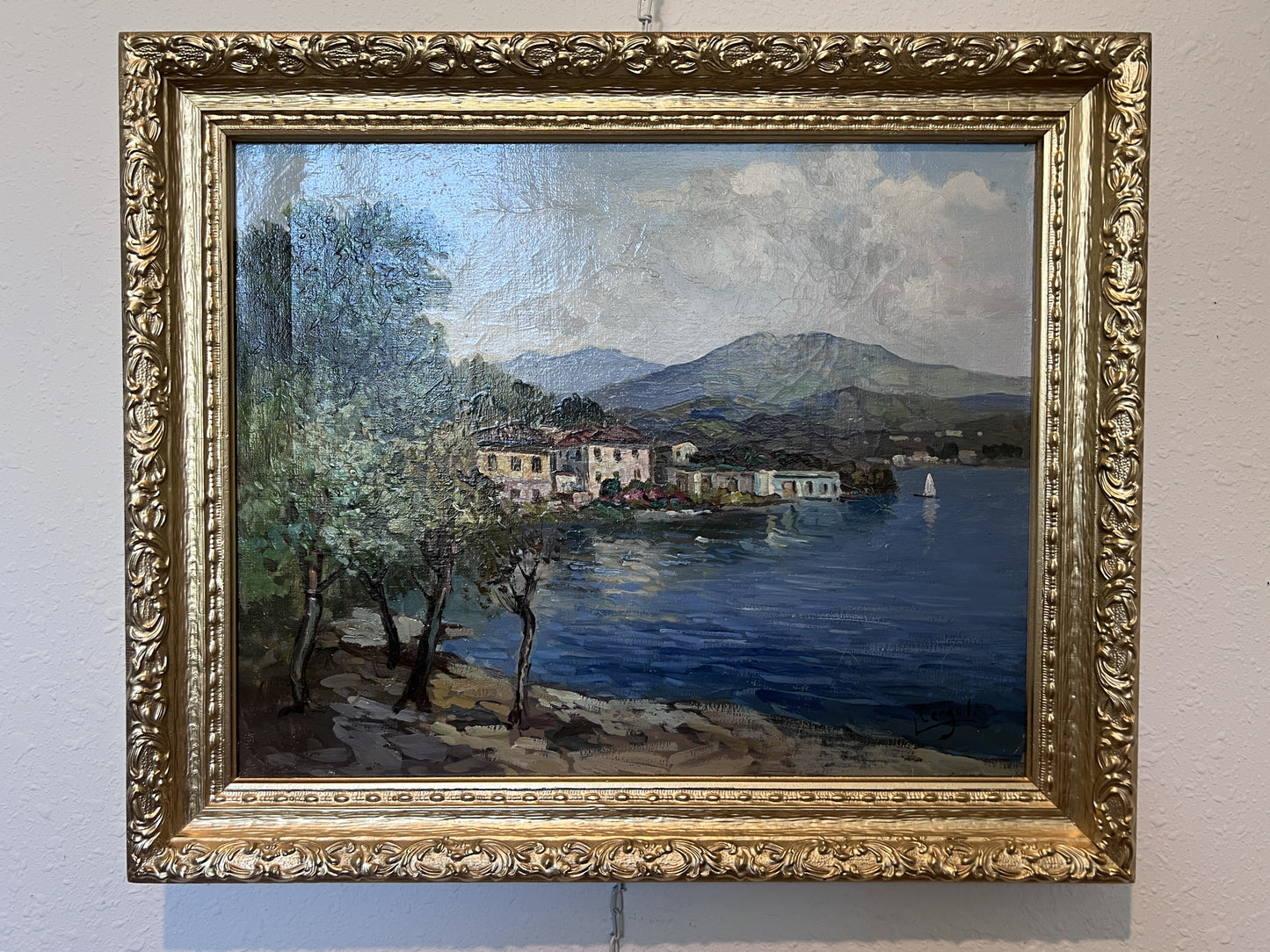 Luigi Cergoli Italian (20 с.) Lakeside Oil Painting Vintage Mediterranean Art