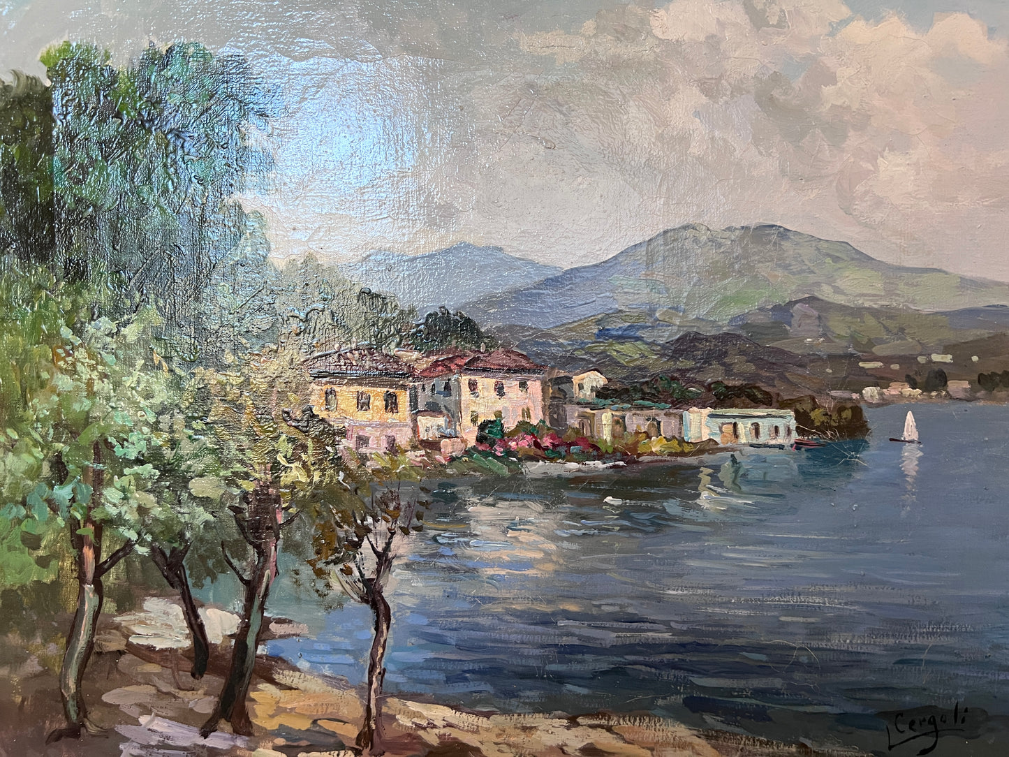 Luigi Cergoli Italian (20 с.) Lakeside Oil Painting Vintage Mediterranean Art
