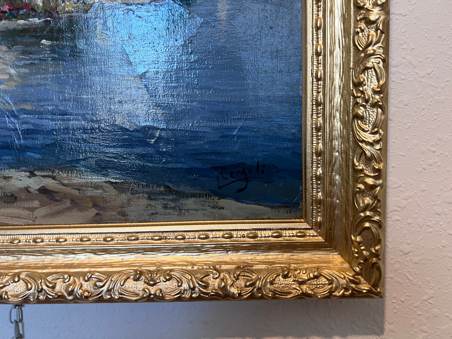 Luigi Cergoli Italian (20 с.) Lakeside Oil Painting Vintage Mediterranean Art