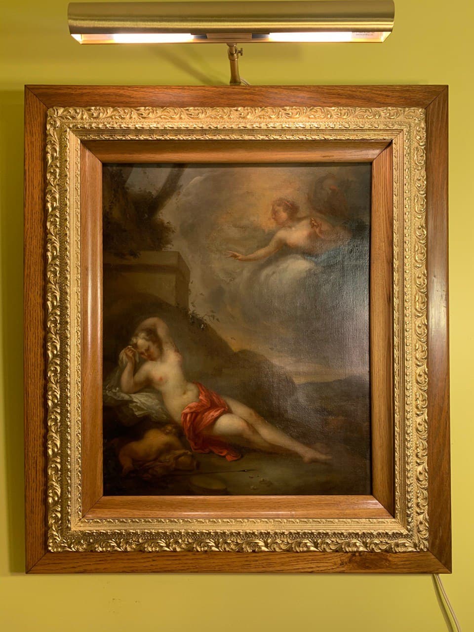 Late 17th Century European Baroque Oil Painting of Goddess and Cherub, Framed