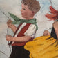 Vintage Folk Art Painting Children Flying Kites Acrylic on Board Framed