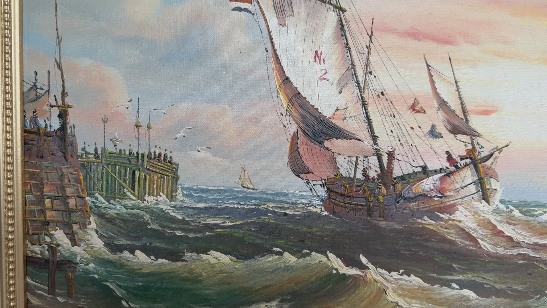 Original Oil Painting on canvas Seascape Sailing Ship Signed