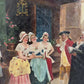 Antique 19th Century French Oil Painting Genre Scene Figures Village Tavern Art