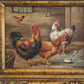 Vintage Signed Rooster and Chickens Oil Painting Farmyard Hen Scene, Gold Frame