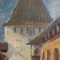 Vintage Russian Oil Painting – Medieval Tower with Hand-Decorated Frame Unsigned