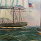 Vintage Oil Painting Clipper Ship American Flag Nautical Maritime Seascape