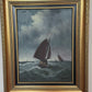 Vintage Signed Oil Painting Stormy Sea Fishing Boats Maritime Seascape Framed