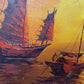 Vintage Chinese Junk Boats Sunset Oil Painting Signed Young Asian Seascape Frame