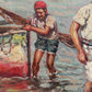 GIUSEPPE GIARDIELLO (Italia 1870-1920) Antique Oil Painting Fishermen Seascape