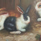 Vintage R Mario Oil Painting Three Rabbits Bunnies Farmhouse Art Gold Frame