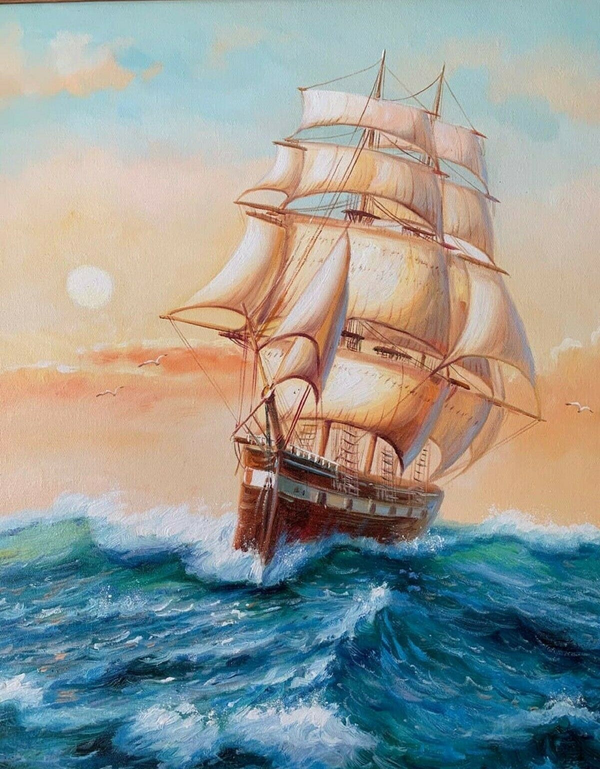 Original  oil painting on canvas, seascape, Sailing ships on the Sea, Framed