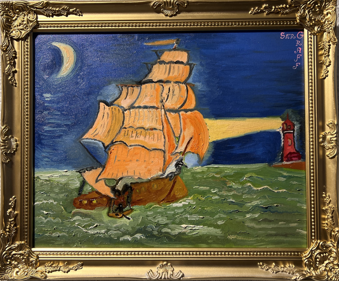 Original Oil painting on canvas by Serg Graff, seascape, sailing ship , COA