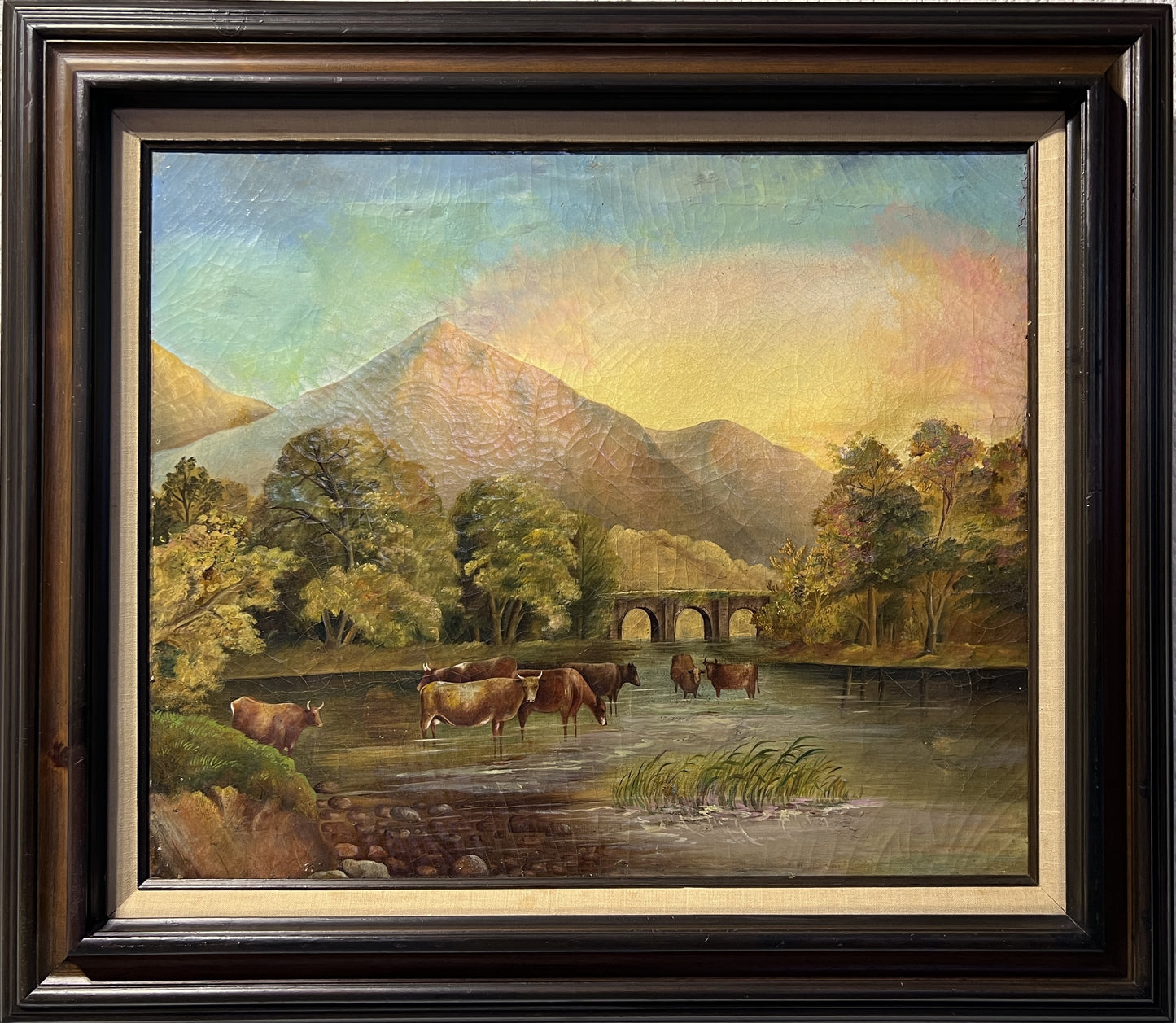 Antique oil painting on canvas, Landscape, Cows, Unsigned, Framed