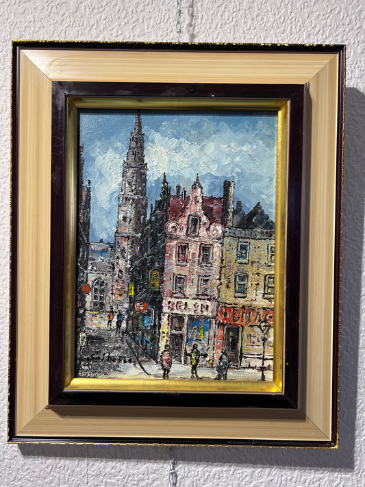 Original oil/acrylic painting on canvas European Cityscape, Signed, Framed