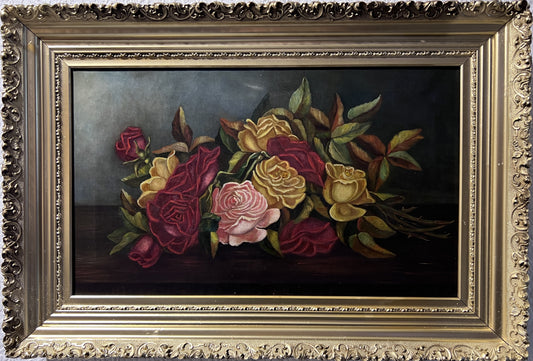 Antique 19 century oil painting on canvas, Still life, Roses, Framed, Unsigned