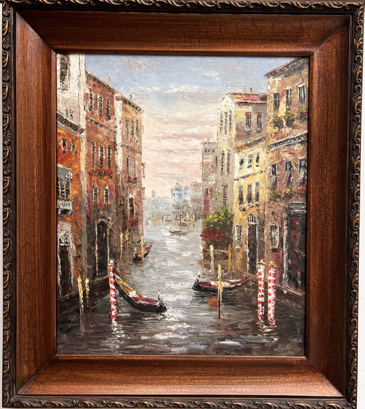 Original Oil painting on canvas, Italy, Venice, Canal view, Framed