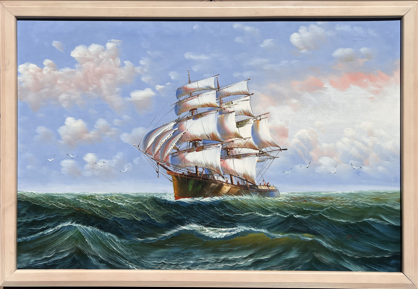 Davis Large Oil painting on canvas, Seascape, Sailing Ship in the ocean, Framed