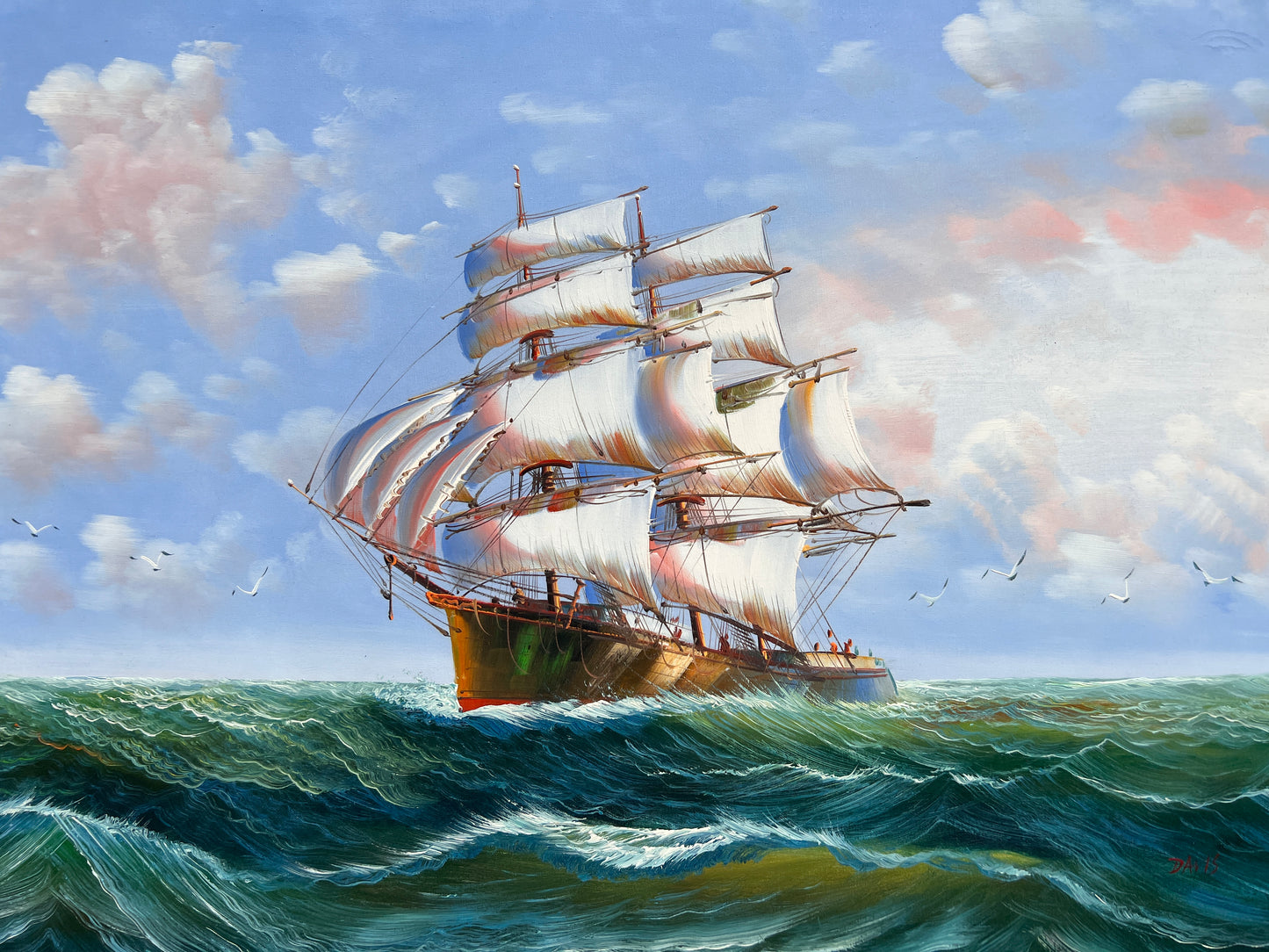 Davis Large Oil painting on canvas, Seascape, Sailing Ship in the ocean, Framed