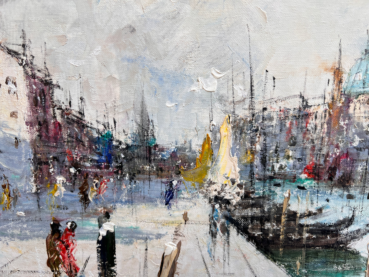 Large oil painting on canvas, cityscape, Venice, Canal View, signed Alvarez