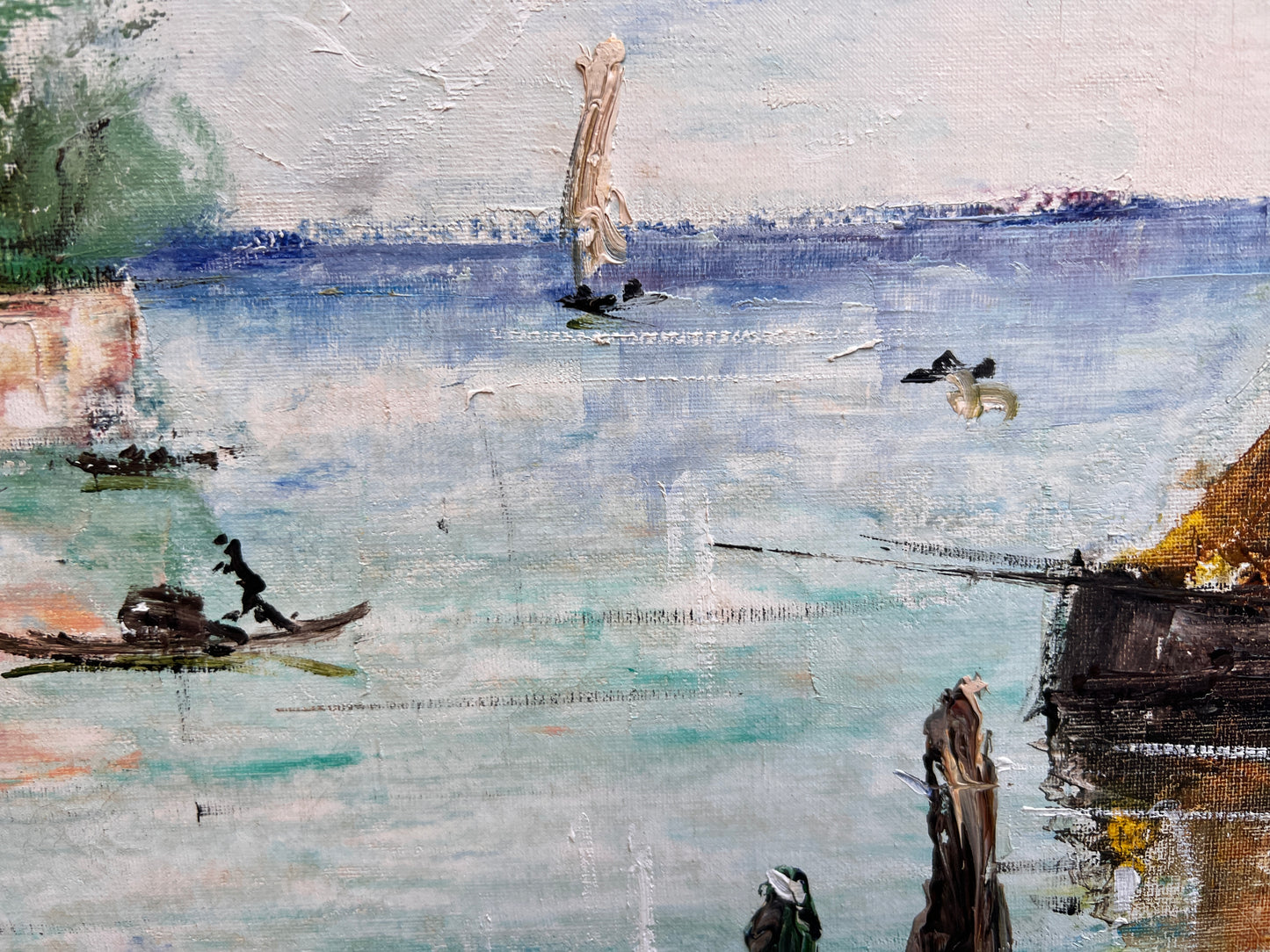Large oil painting on canvas, cityscape, Venice, Canal View, signed Alvarez