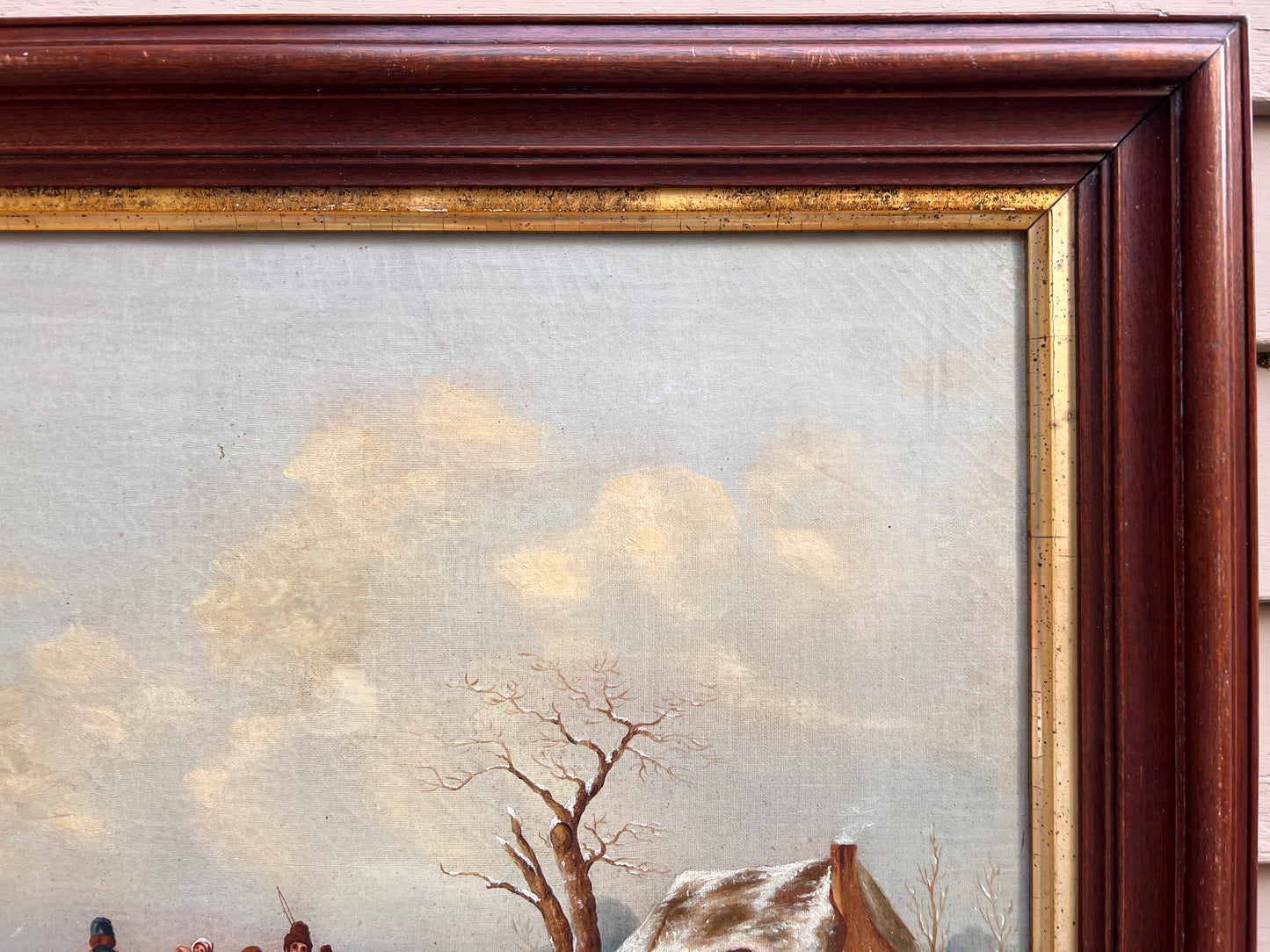 Antique oil painting on canvas, Winter Landscape, Village, figures. Framed