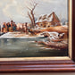 Antique oil painting on canvas, Winter Landscape, Village, figures. Framed