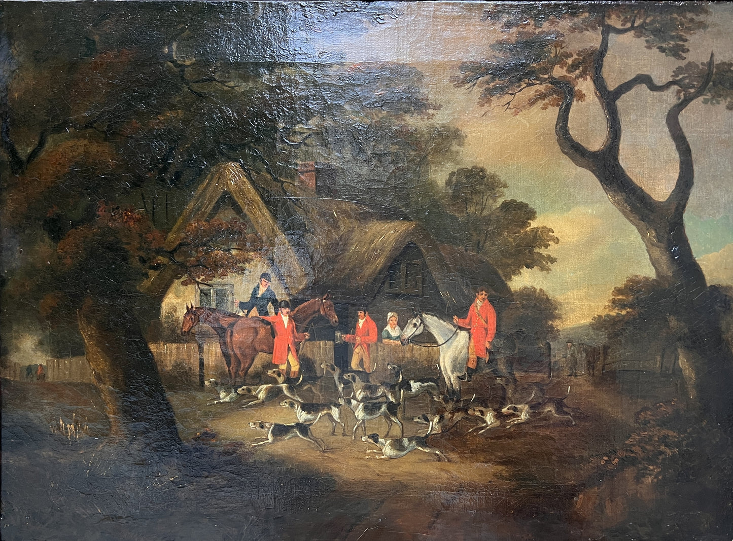 Antique 19century or earlier English School oil painting on canvas Hunting scene