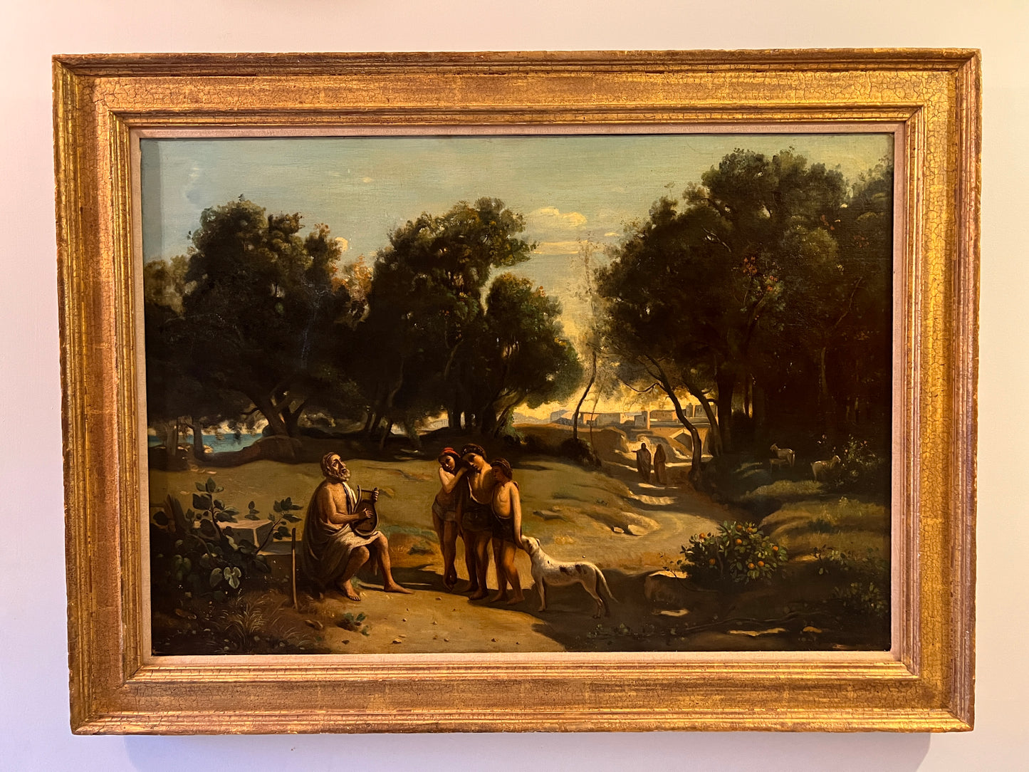 Antique 19C. Oil painting on canvas, neoclassical Scene, Homer playing his Lyre