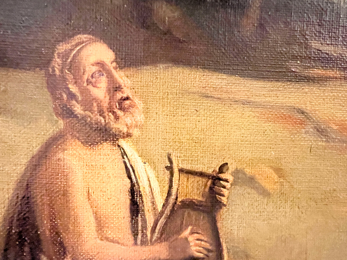 Antique 19C. Oil painting on canvas, neoclassical Scene, Homer playing his Lyre