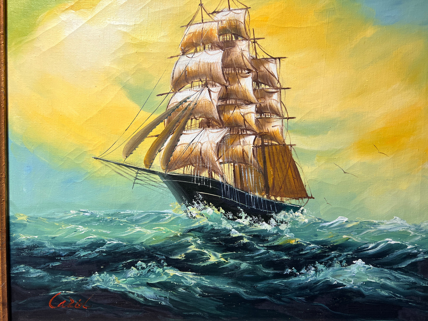 Stunning Signed Oil painting on Canvas, Seascape, Sailing Ships at Sunset